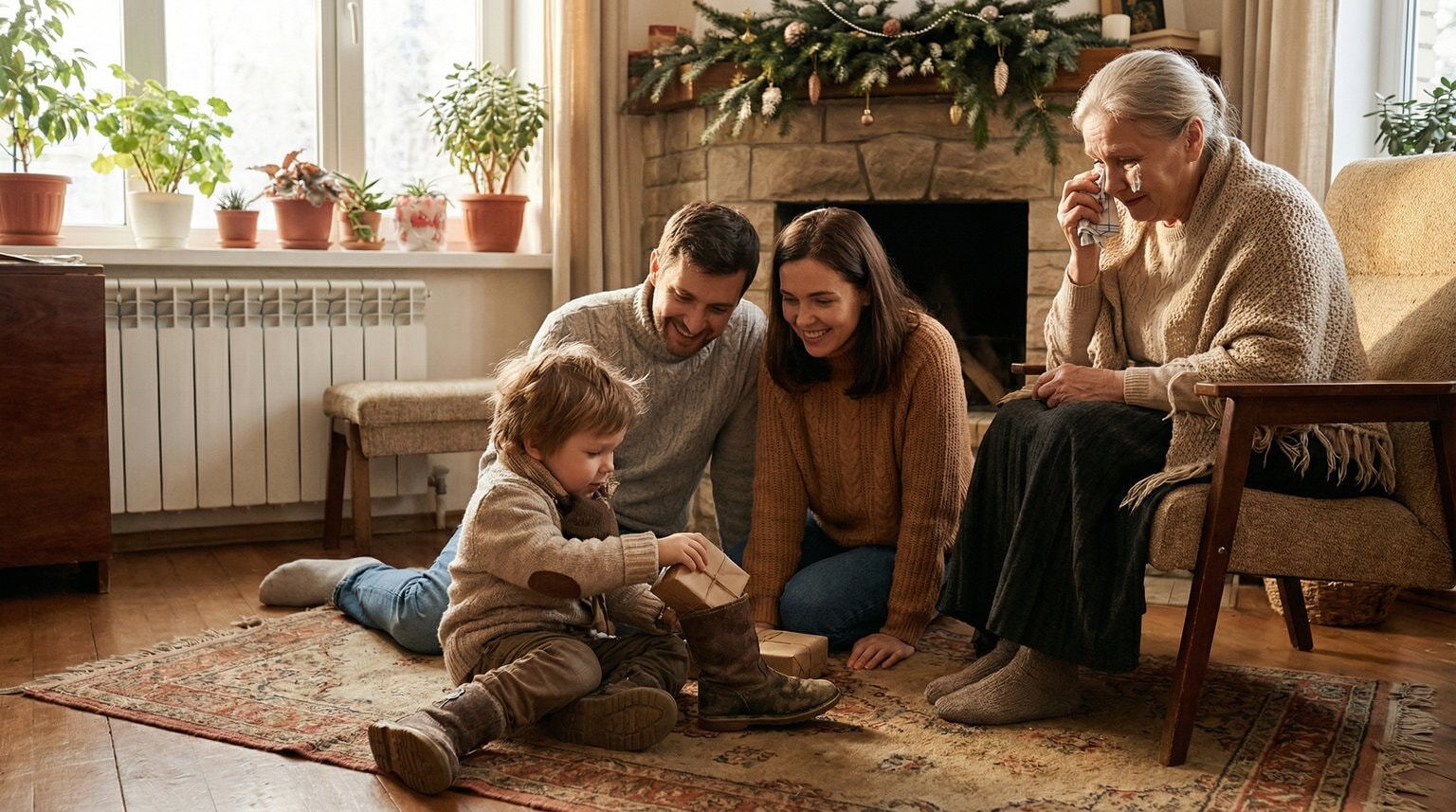 Multigenerational family gathered around child opening gift from shoe on January morning