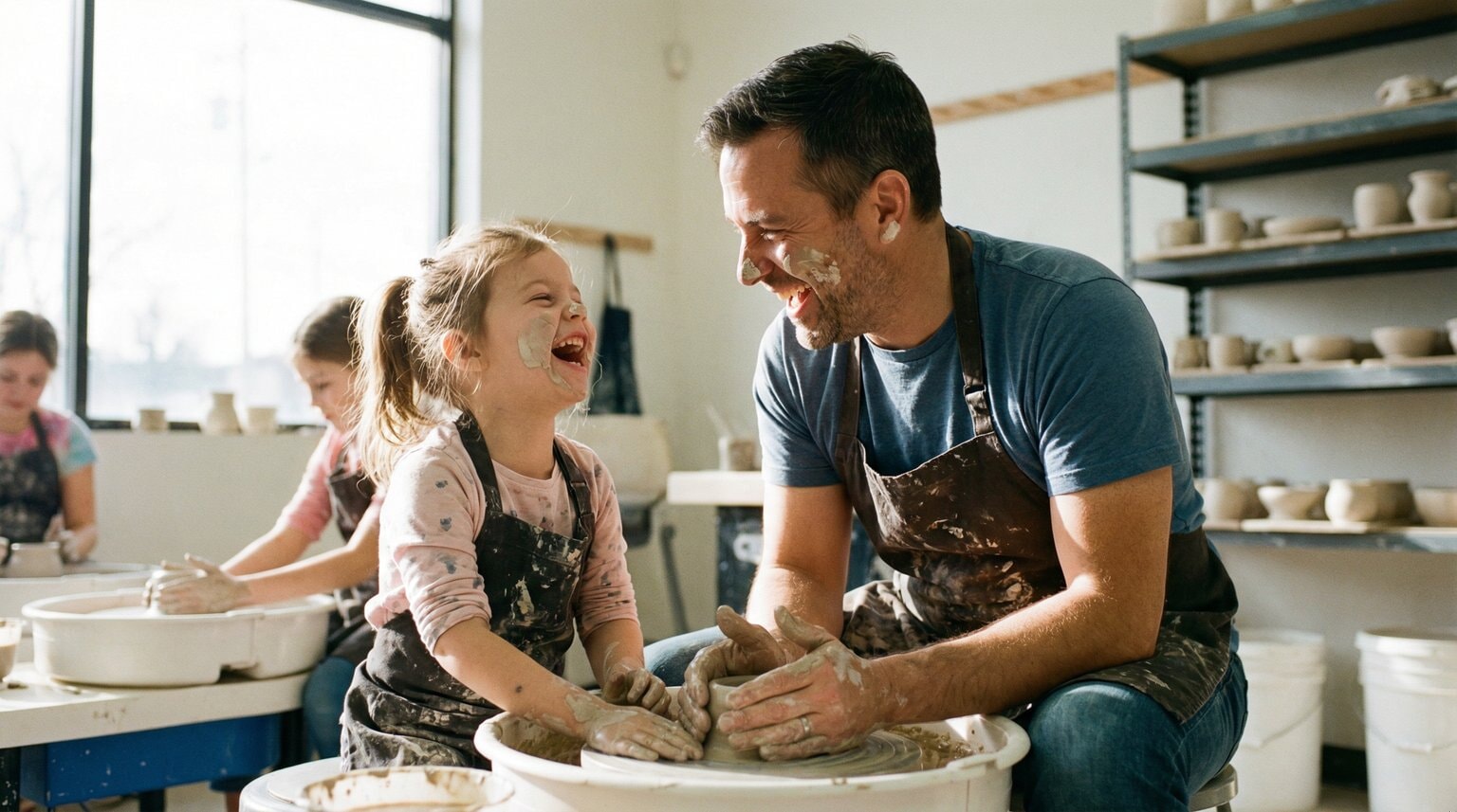 Father and daughter laughing together at pottery class with clay on their hands