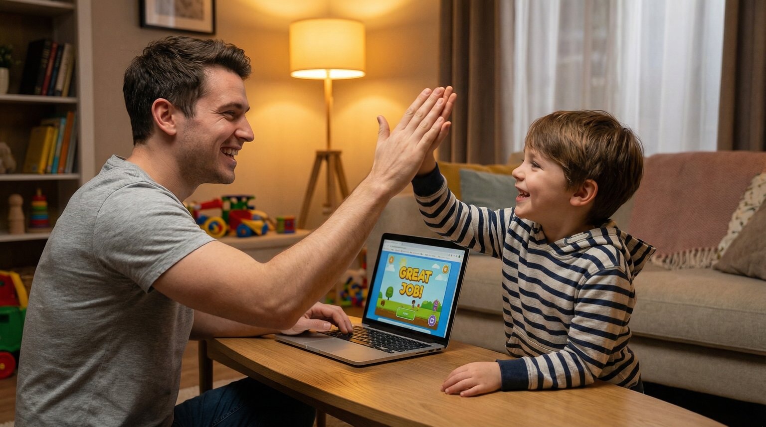Father and young son high-fiving excitedly while looking at laptop together