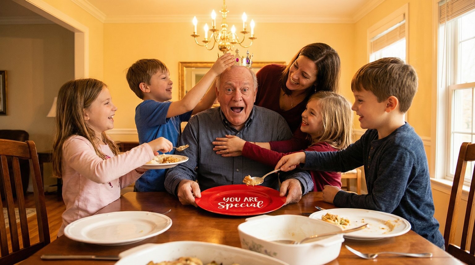 Father sitting at table with special red plate in front of him while children gather around excitedly to celebrate him