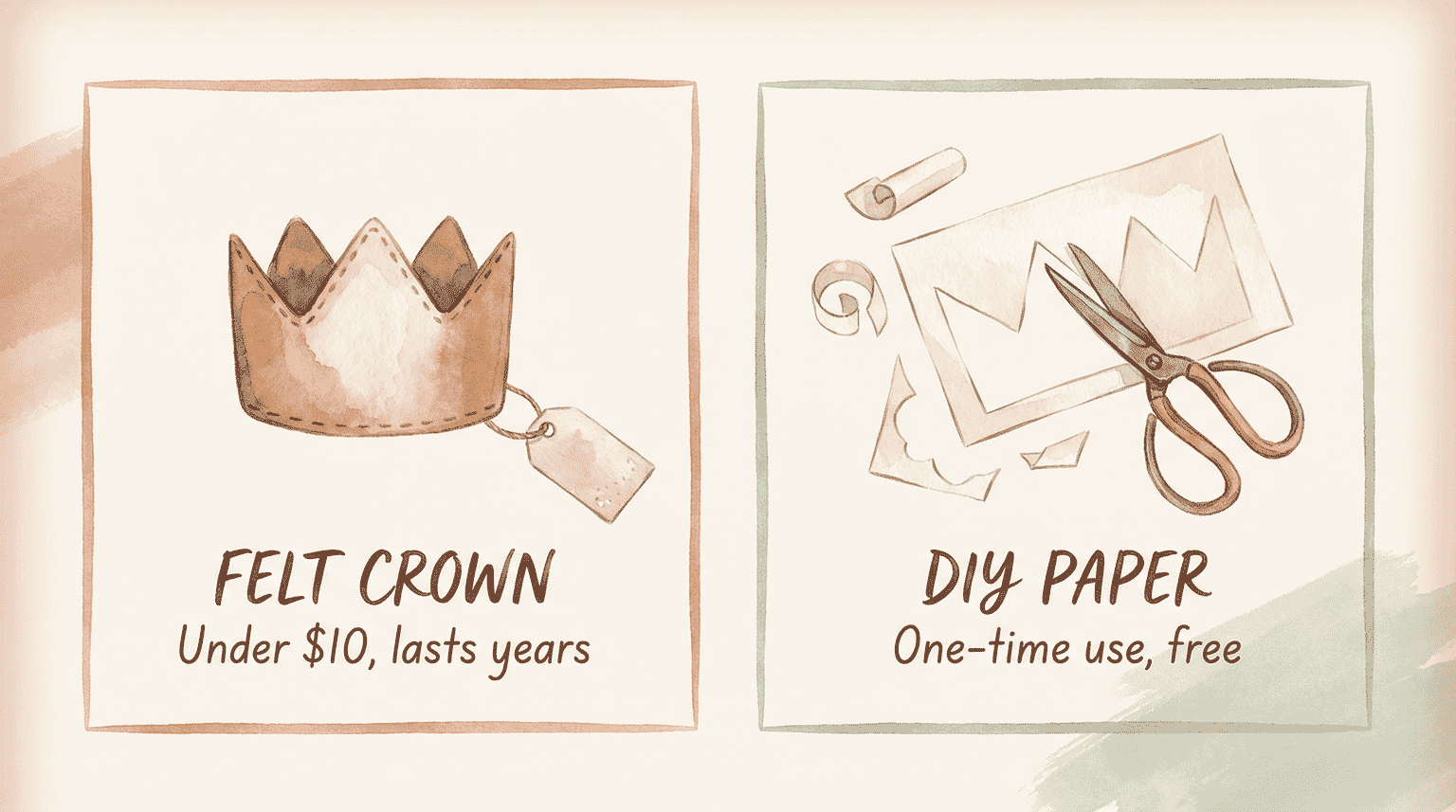 Comparison showing felt crown lasting years versus DIY paper crown for one-time use