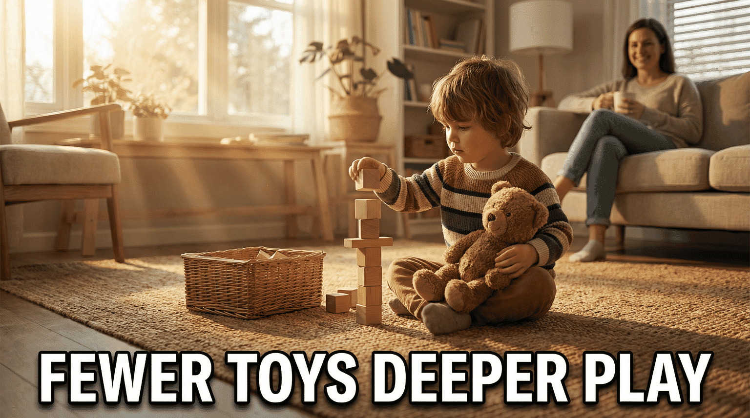 Simple visual equation showing fewer toys equals deeper play with happy child icon
