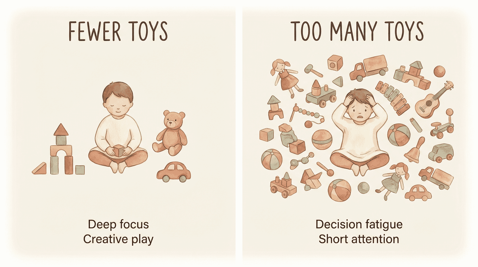 Comparison illustration showing calm focused child with few toys versus overwhelmed child with many toys