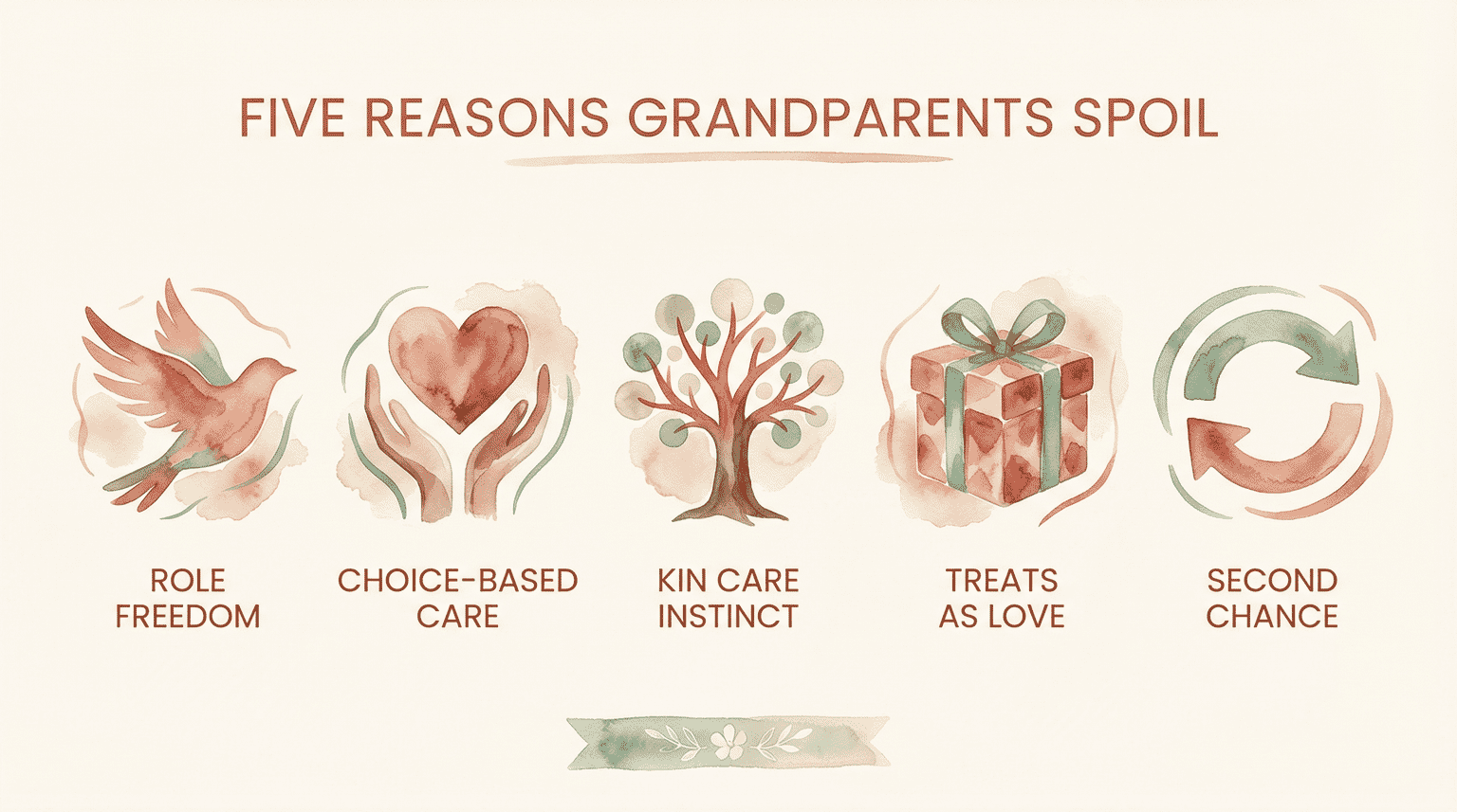 Infographic showing five reasons grandparents spoil including role freedom, choice-based care, kin care instinct, treats as love, and second chance