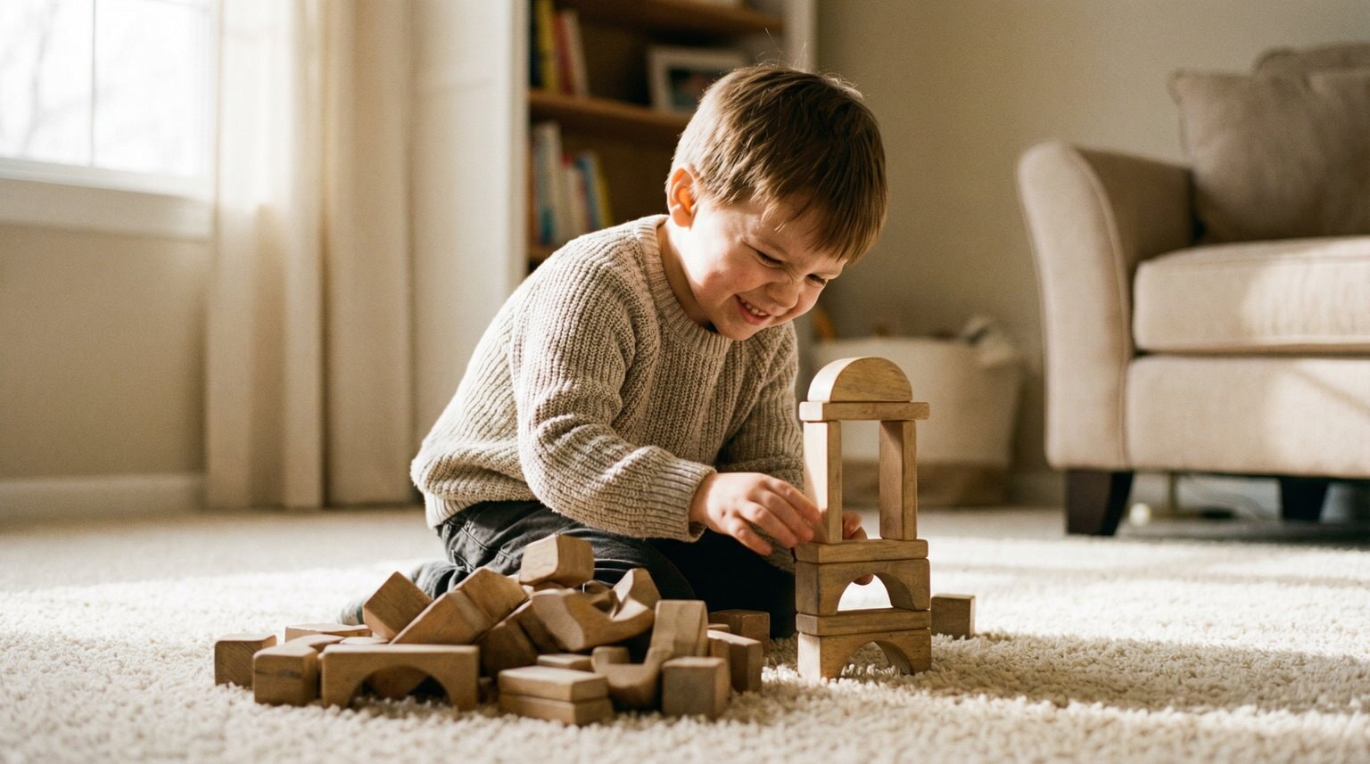 Preschool child deeply focused building with wooden toy set on soft carpet in warm natural light