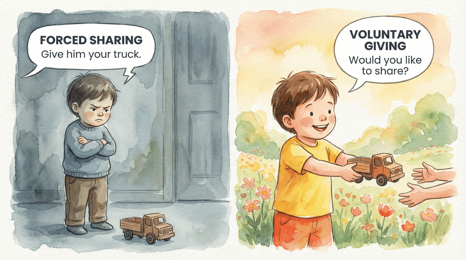 Comparison showing unhappy child with forced sharing versus happy child with voluntary giving