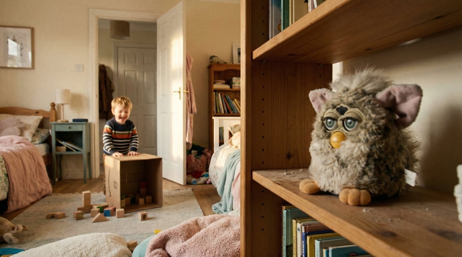 Forgotten trendy toy sitting dusty on bedroom shelf while child plays with something else in background