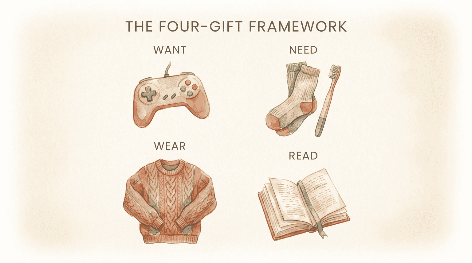 Four-gift framework infographic showing want, need, wear, and read categories