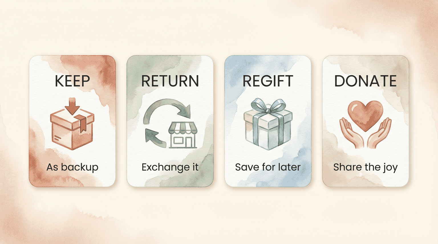 Four options for handling duplicate gifts showing keep return regift and donate with icons