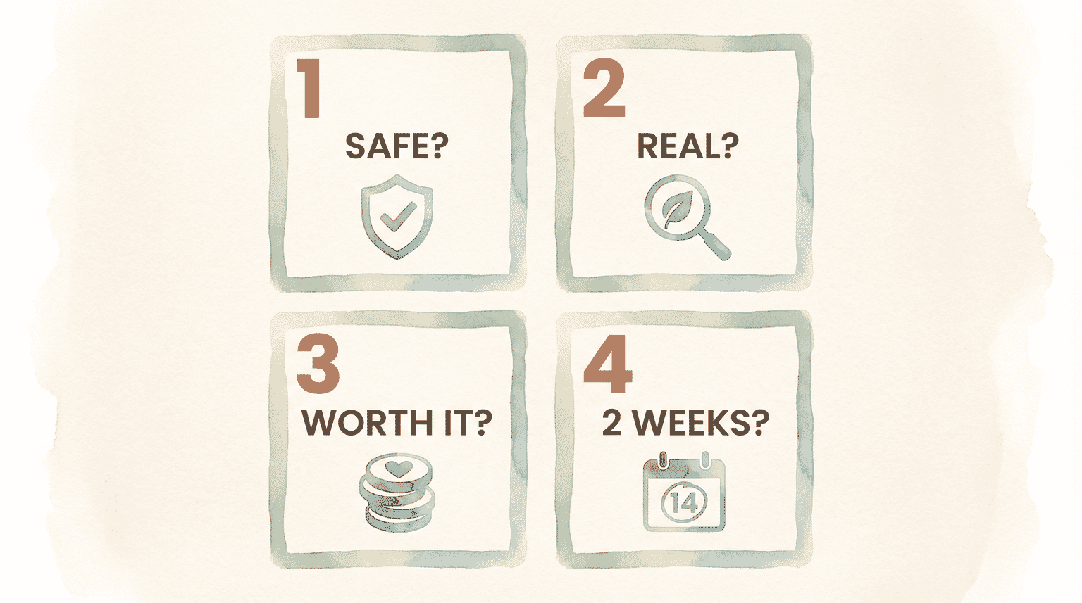 Four-question checklist grid showing Safe, Real, Worth It, and 2 Weeks evaluation criteria