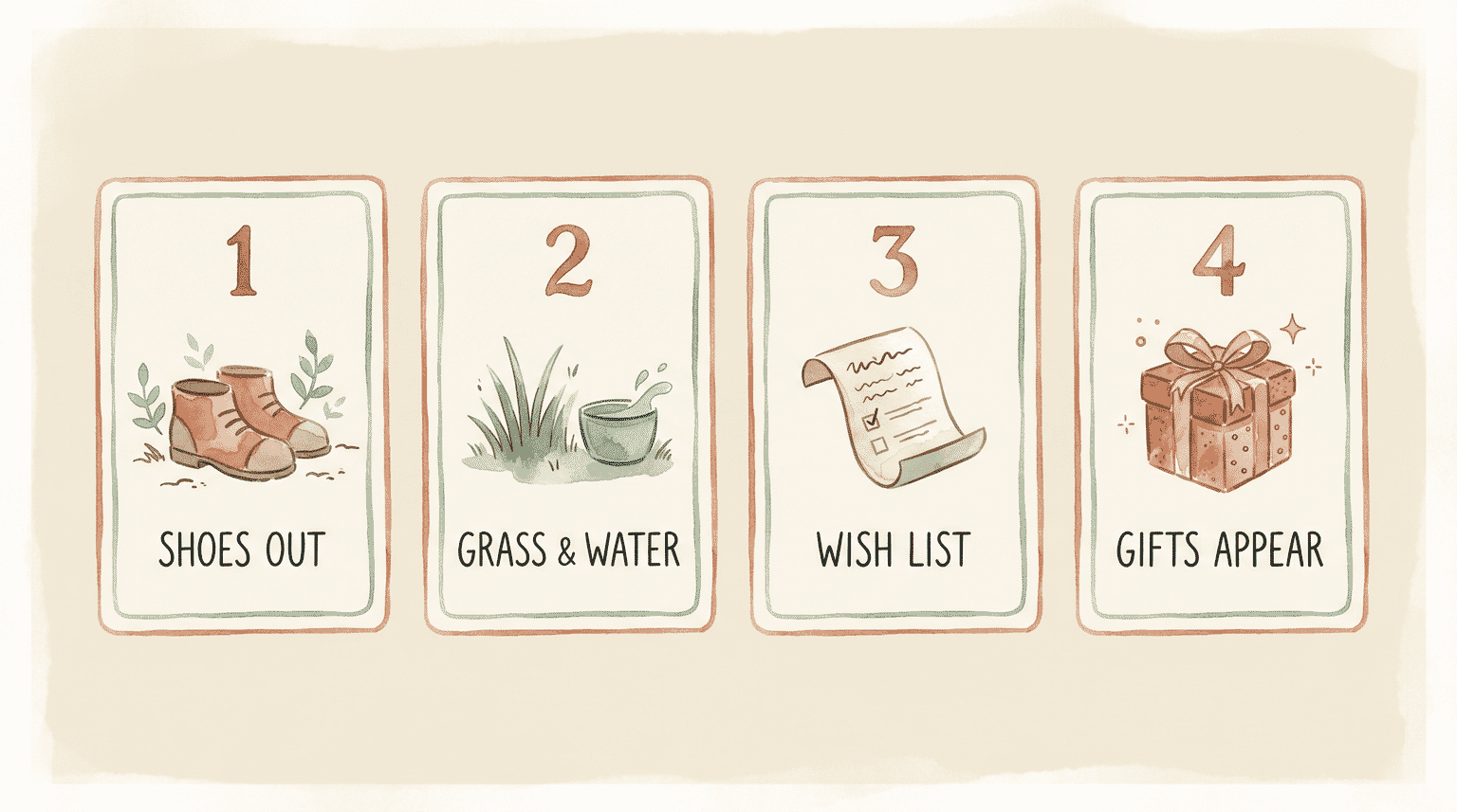 Four-step visual guide showing shoes, grass and water, wish list, and gifts appearing