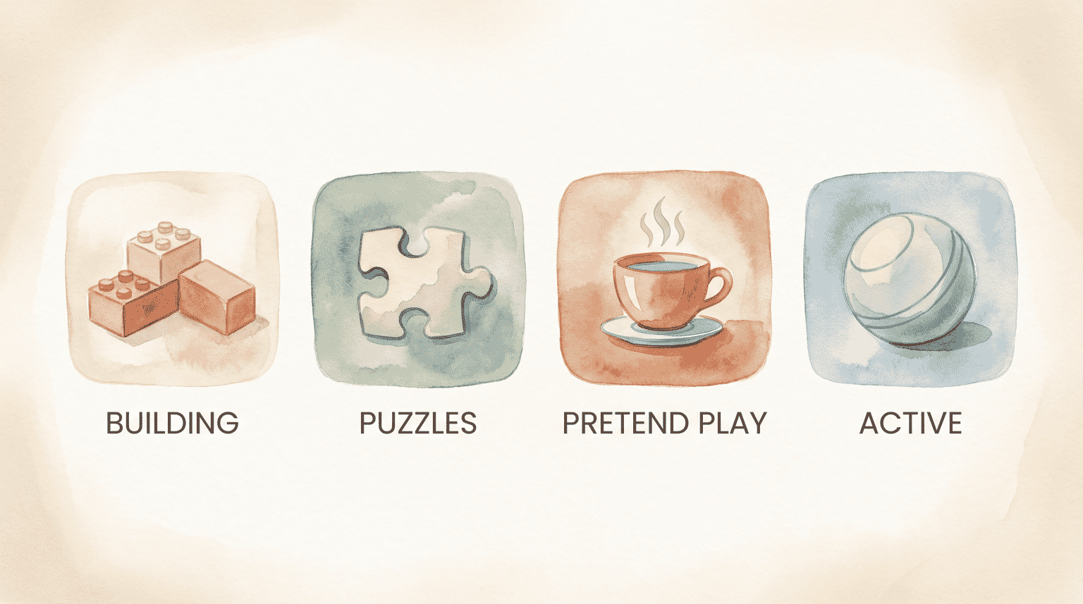 Four toy categories for rotation including building puzzles pretend play and active toys