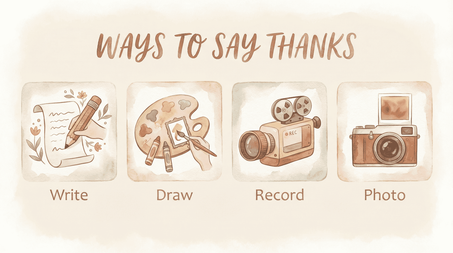 Four icons showing different ways kids can say thank you including writing, drawing, recording video, and taking photos