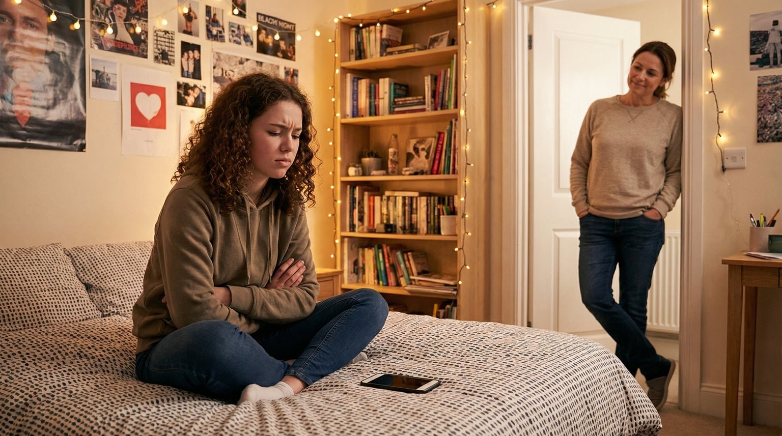 Teenager sitting on bed with arms crossed looking frustrated, smartphone beside them, parent standing calmly in doorway