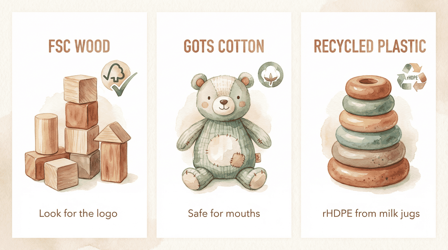 Three-panel infographic showing FSC wood certification, GOTS cotton certification, and recycled plastic rHDPE labels