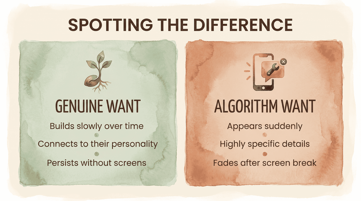 Comparison chart showing differences between genuine wants that build slowly versus algorithm wants that appear suddenly