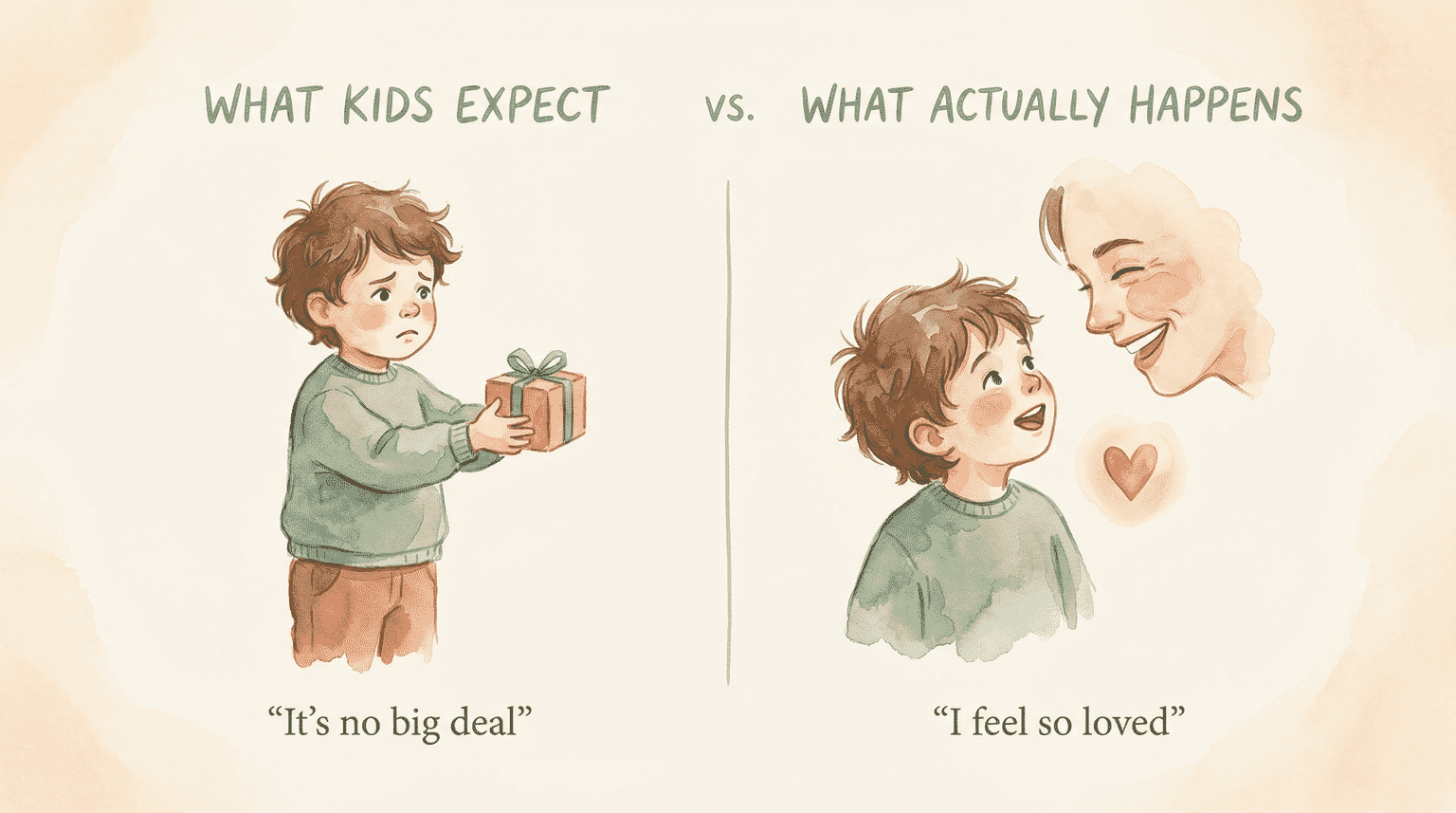 Comparison showing what kids expect versus what actually happens when they give gifts