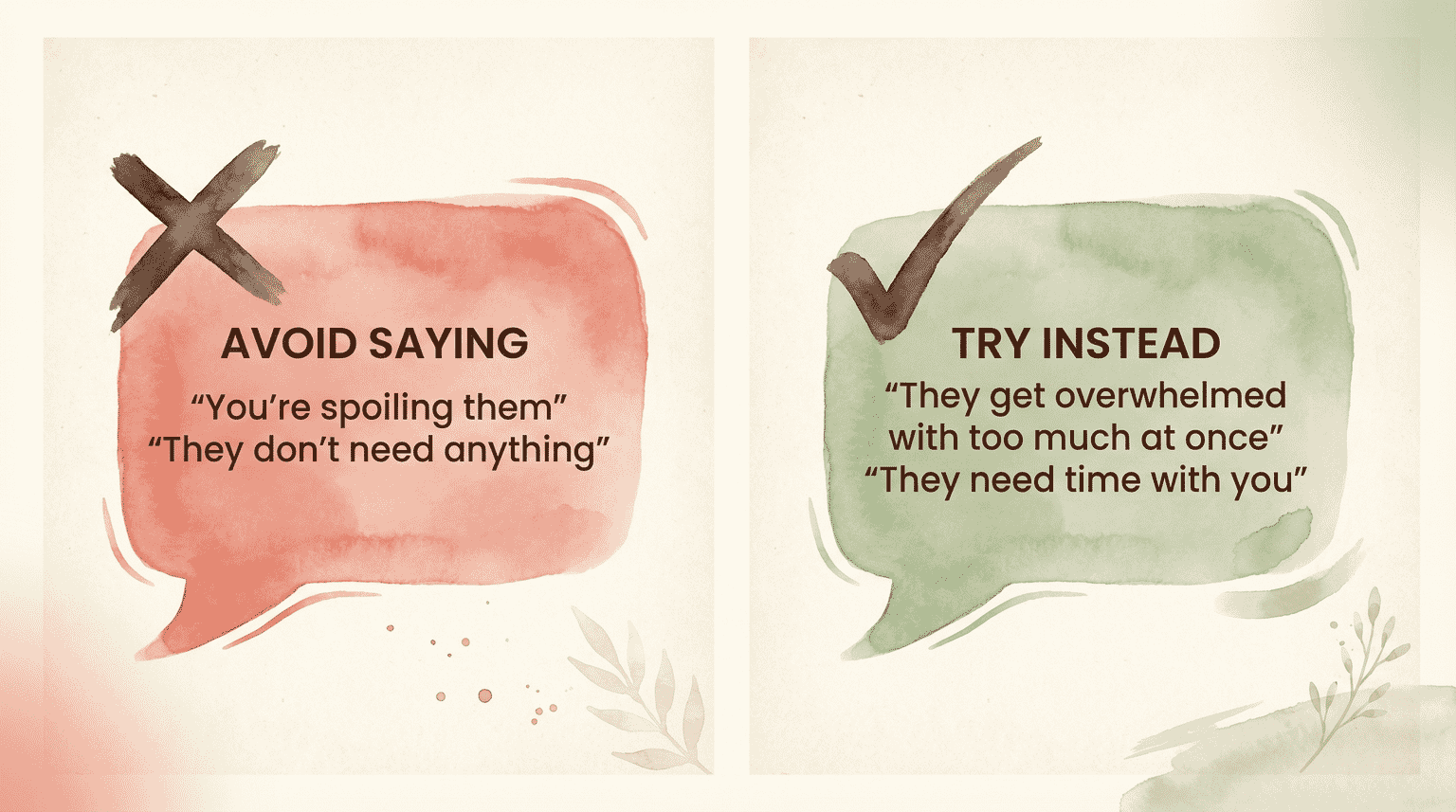 Comparison chart showing phrases to avoid versus helpful alternatives when discussing gifts with grandparents