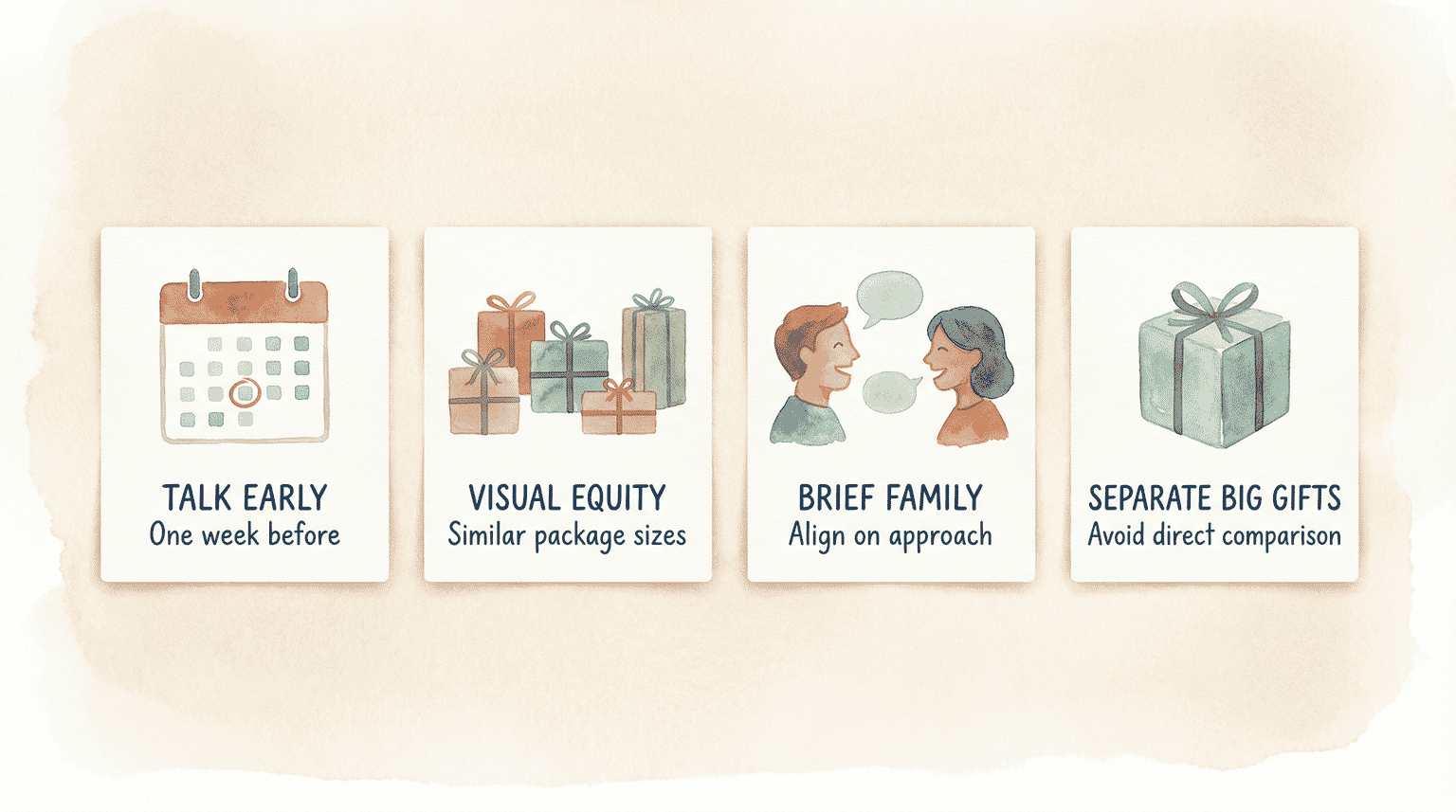 Four strategy icons showing talk early, visual equity, brief family, and separate big gifts