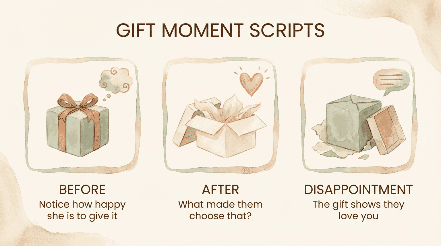 Three panels showing gift moment scripts for before, after, and disappointment conversations