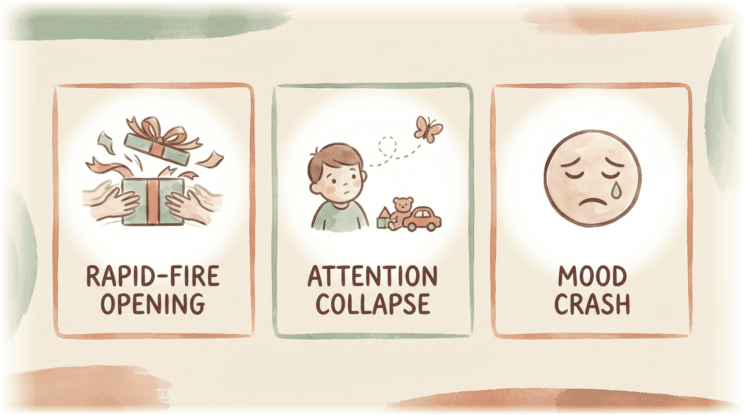 Illustration showing three stages of gift overload from rapid opening to attention collapse to mood crash