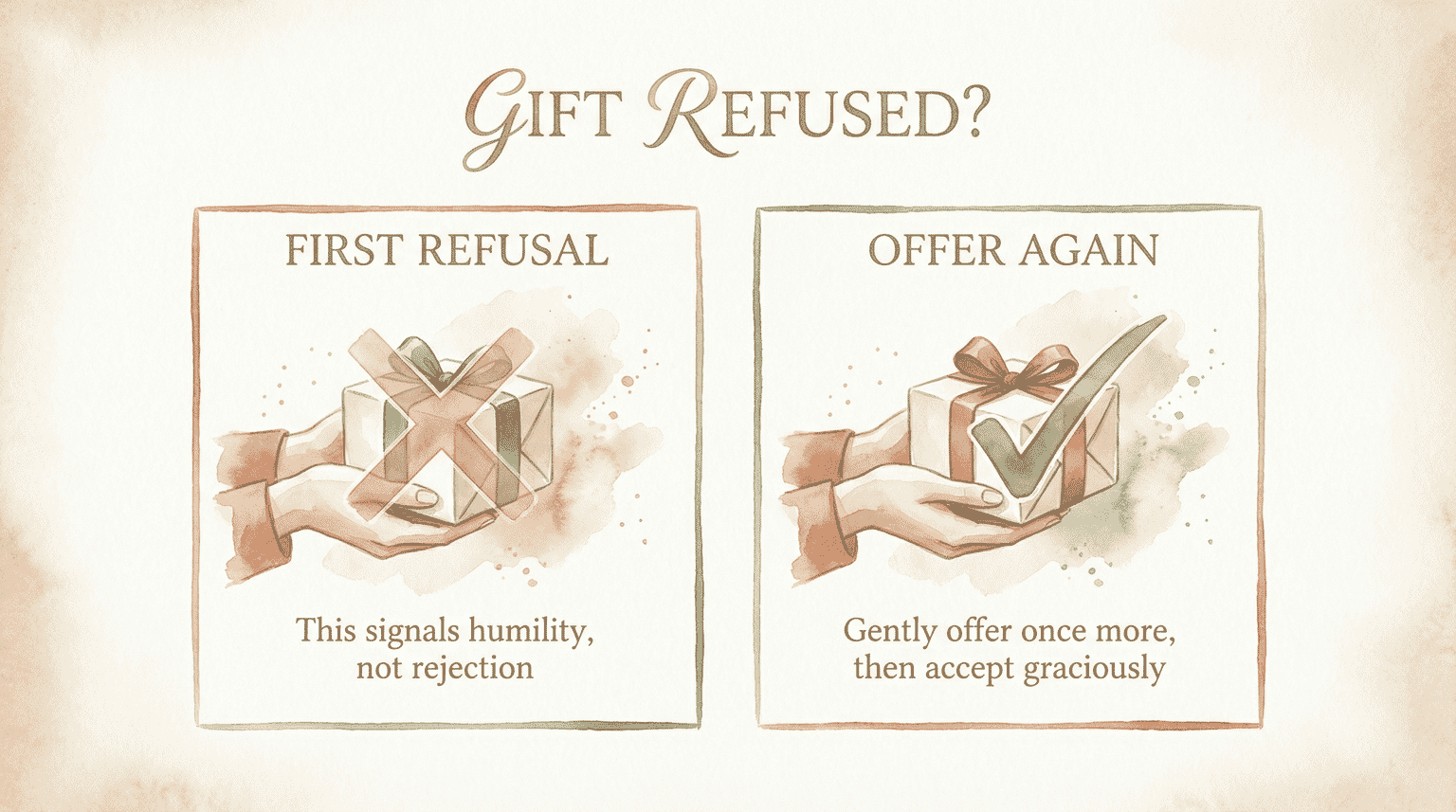 Two-step visual showing gift refusal etiquette: first refusal signals humility, offer again gently
