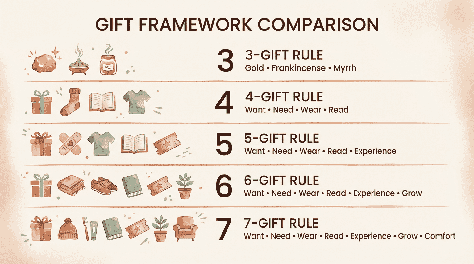 Four-panel watercolor illustration showing Want, Need, Wear, Read categories with toy robot, lunchbox, sweater, and book icons