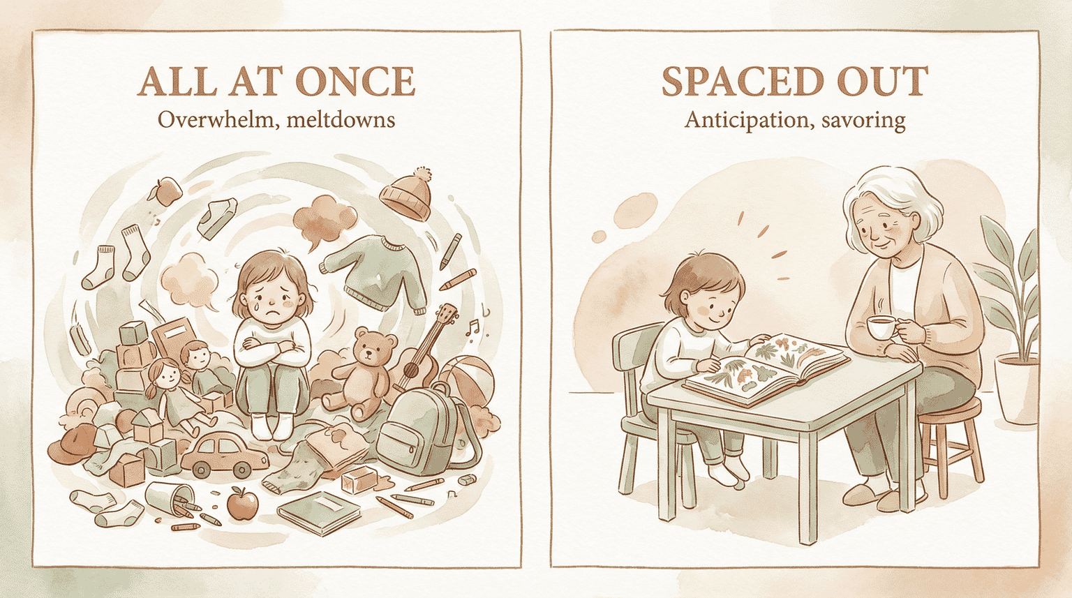 Comparison showing child overwhelmed by many gifts at once versus happy child savoring spaced-out gifts