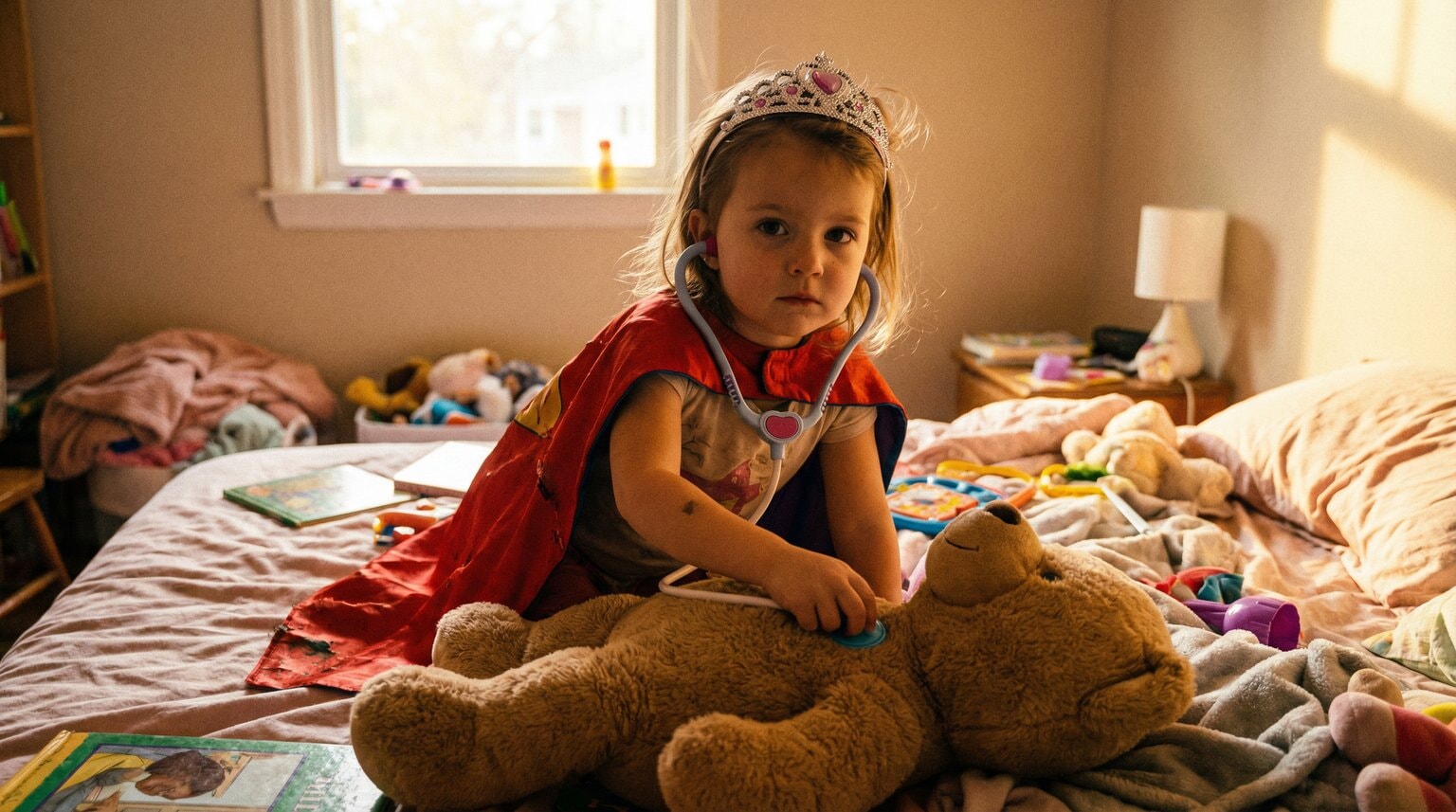 Preschool girl wearing superhero cape tiara and toy stethoscope examining stuffed animal with serious concentration