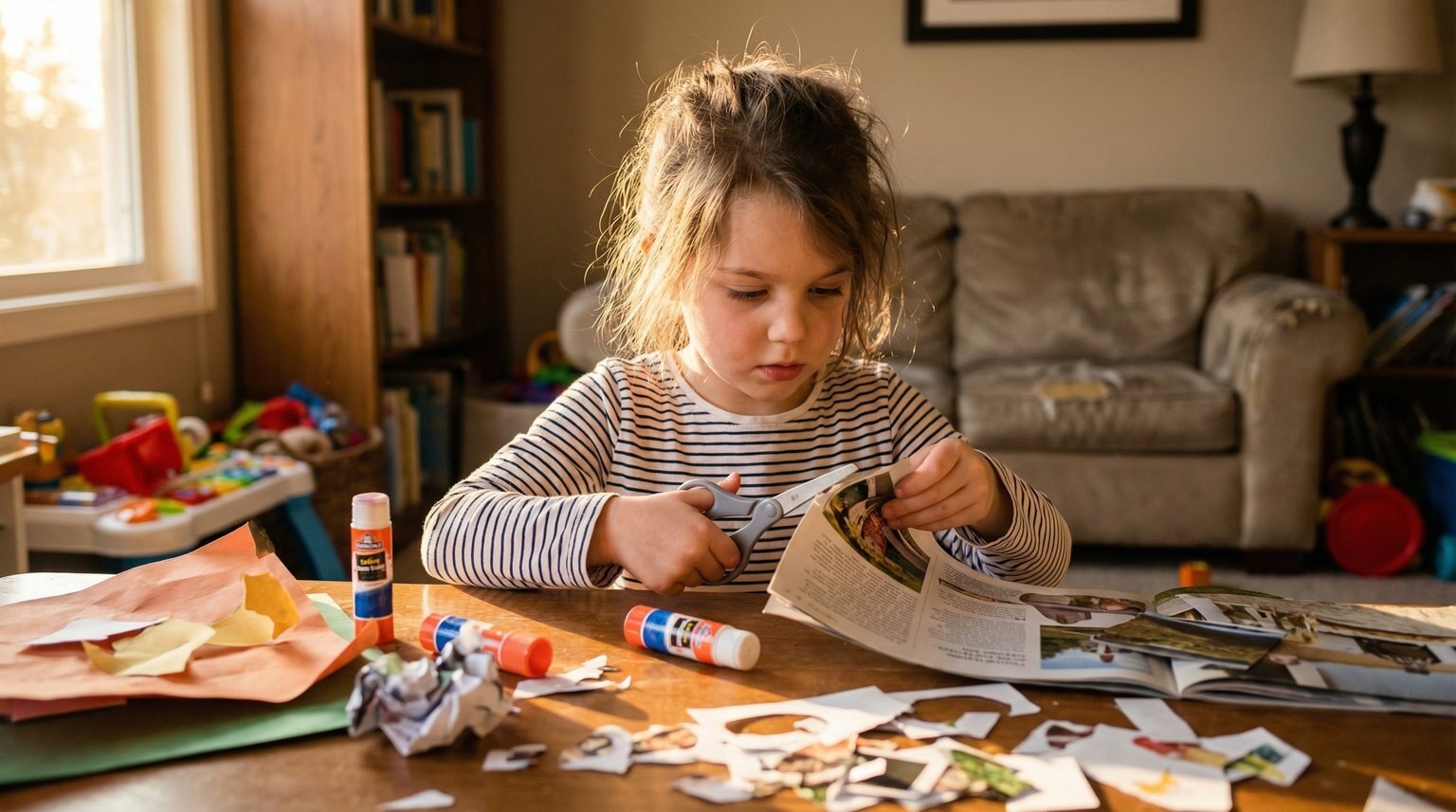 Elementary-age girl cutting pictures from magazine at craft table surrounded by glue sticks and colorful cutouts