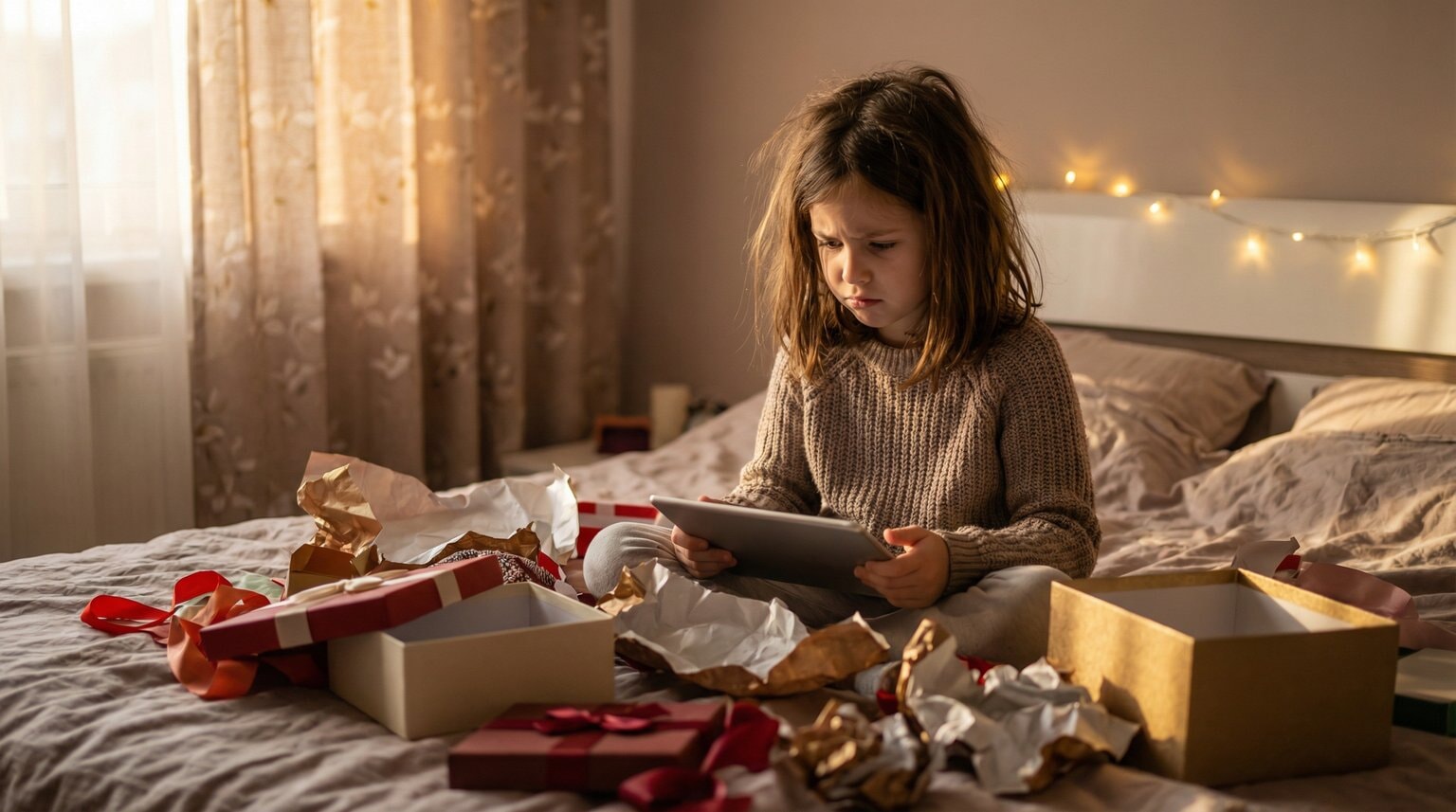 Young girl sitting on bed surrounded by birthday presents looking at tablet with disappointed expression