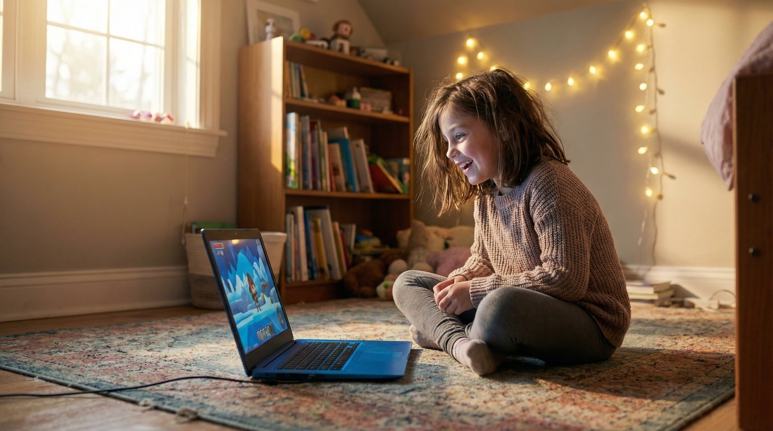 Ten-year-old girl sitting cross-legged on bedroom floor with laptop, face lit by screen glow showing excited expression