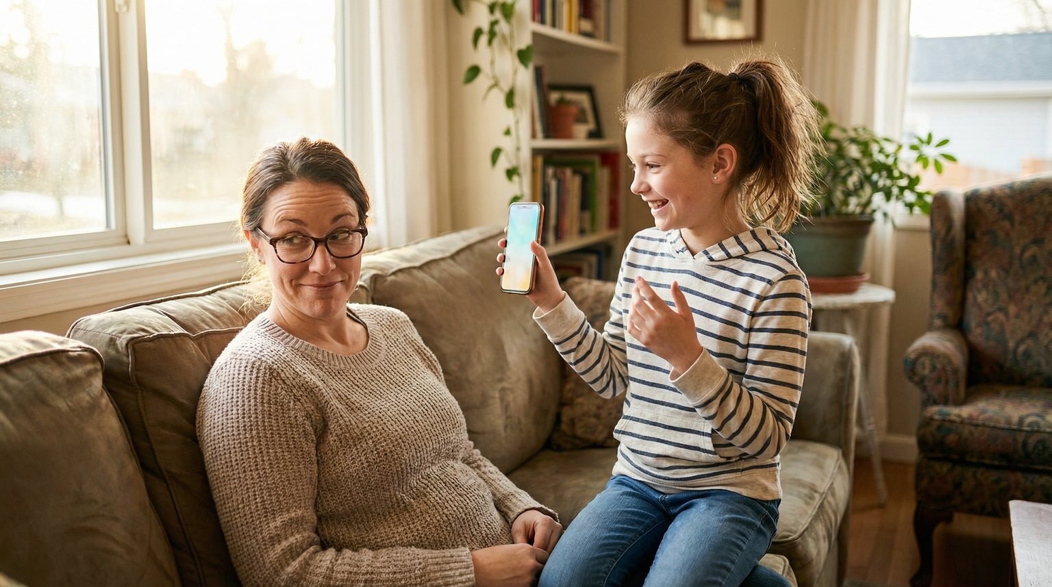 Pre-teen girl excitedly showing phone screen to skeptical but amused mom in cozy living room
