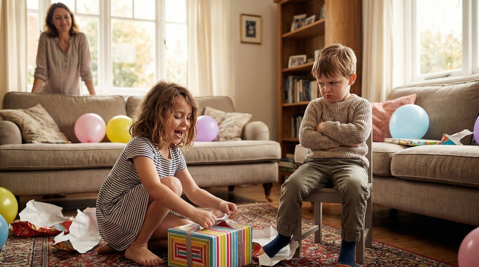 Young girl excitedly unwrapping birthday present while her younger brother sits nearby with crossed arms and pouty expression