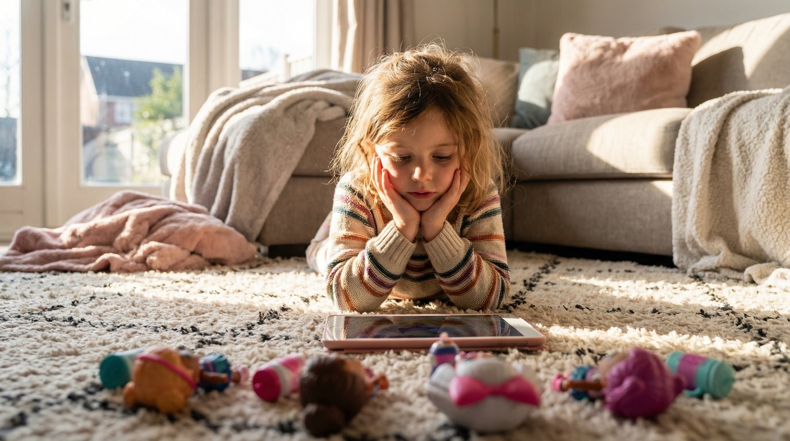 Seven-year-old girl lying on living room rug completely absorbed watching tablet with L.O.L. Surprise dolls scattered untouched nearby