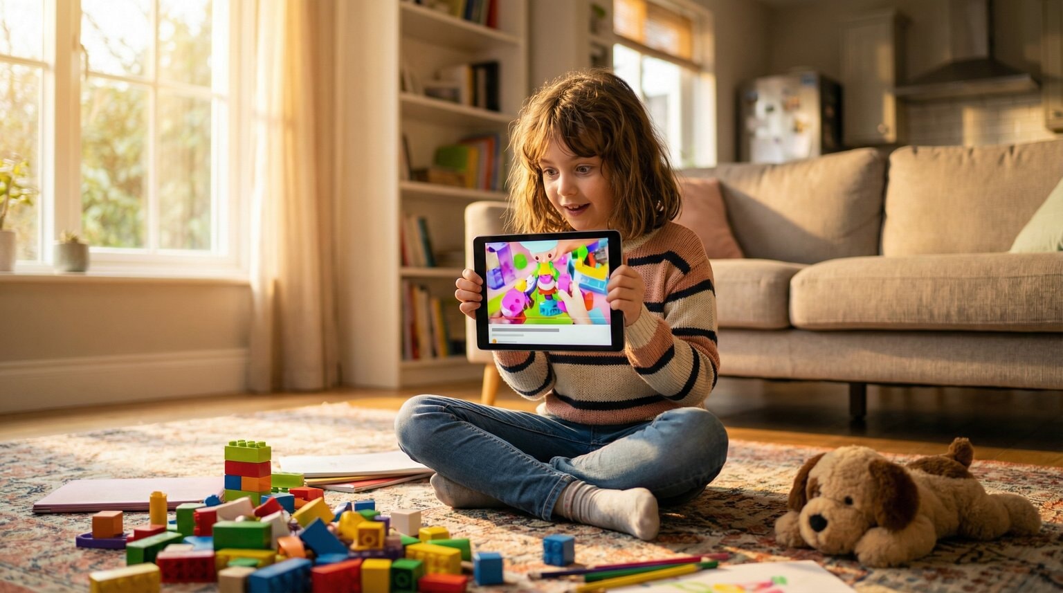 Nine-year-old girl sitting cross-legged on living room floor, intensely focused on tablet showing colorful unboxing video