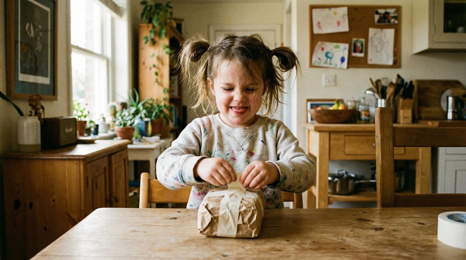4-year-old girl with messy pigtails wrapping a snack in crinkled paper at kitchen table