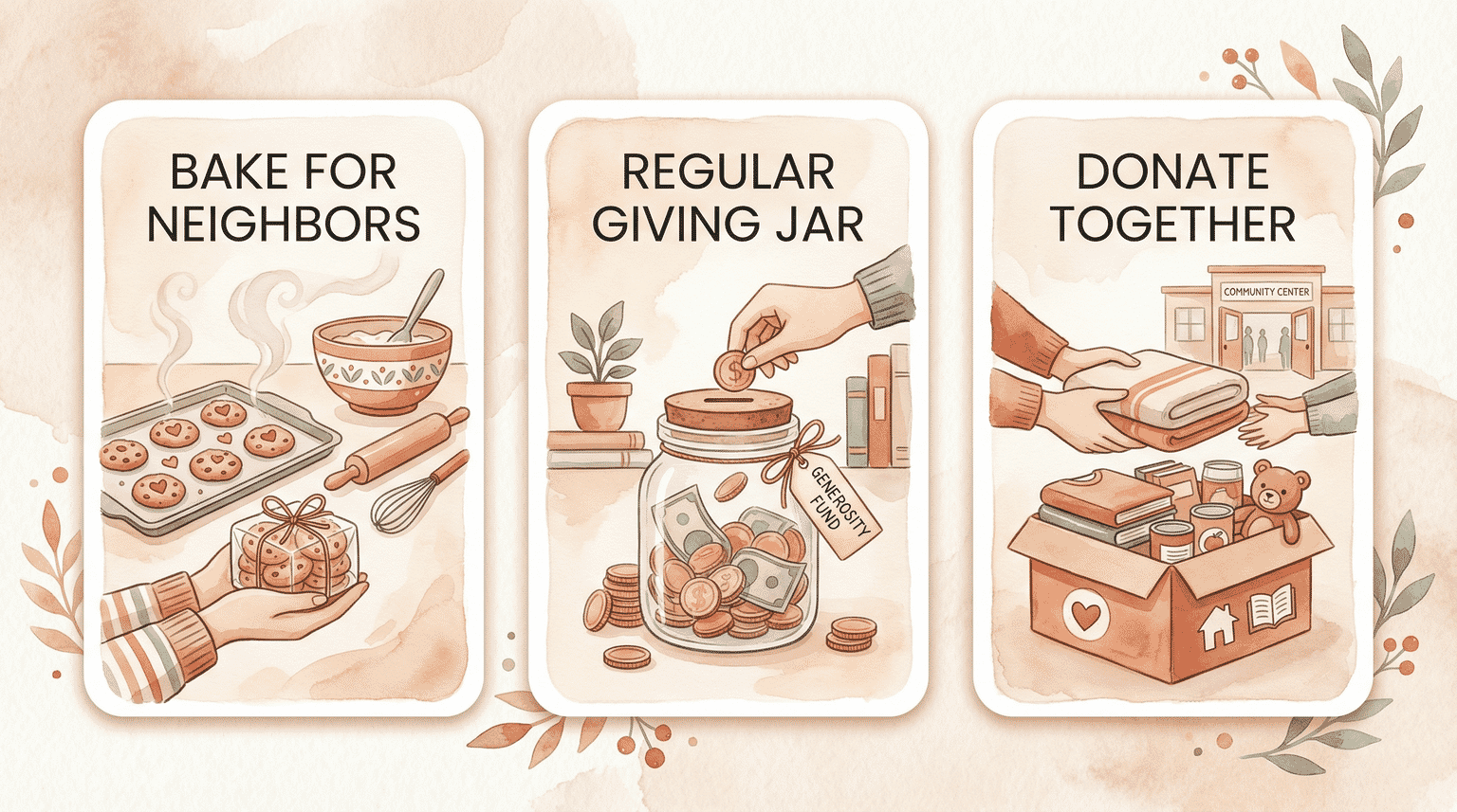 Three ways to practice outward generosity: bake for neighbors, regular giving jar, donate together