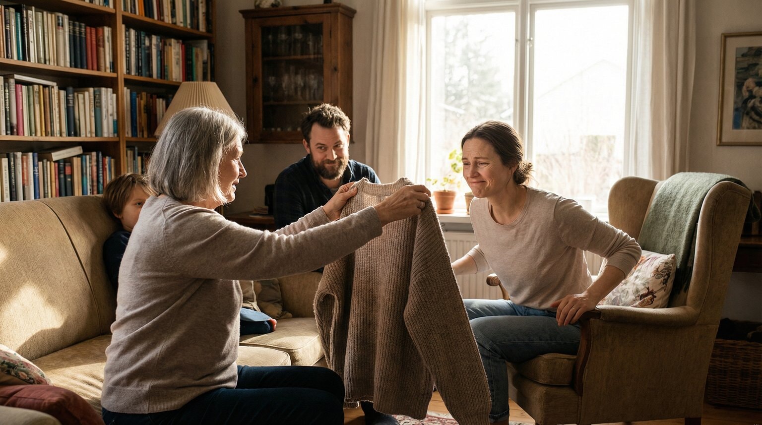 Parent graciously accepting an unexpected gift from older relative with gentle smile