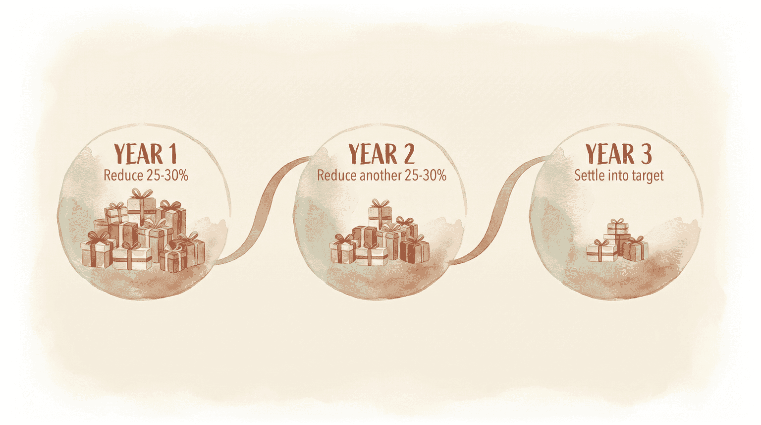 Three year timeline showing gradual gift reduction from 25 percent in year one to target range by year three