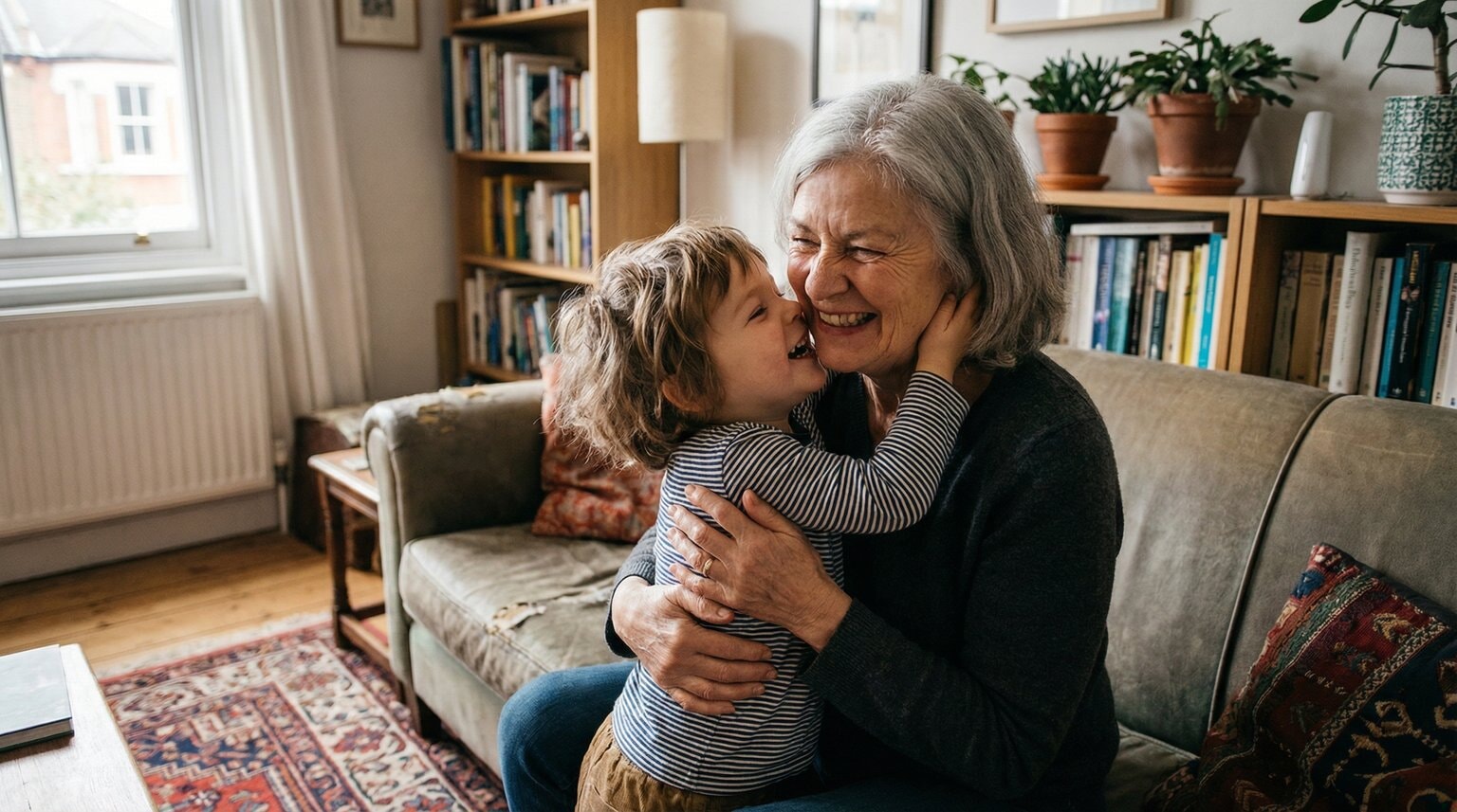 Young child hugging grandmother tightly with both laughing in living room