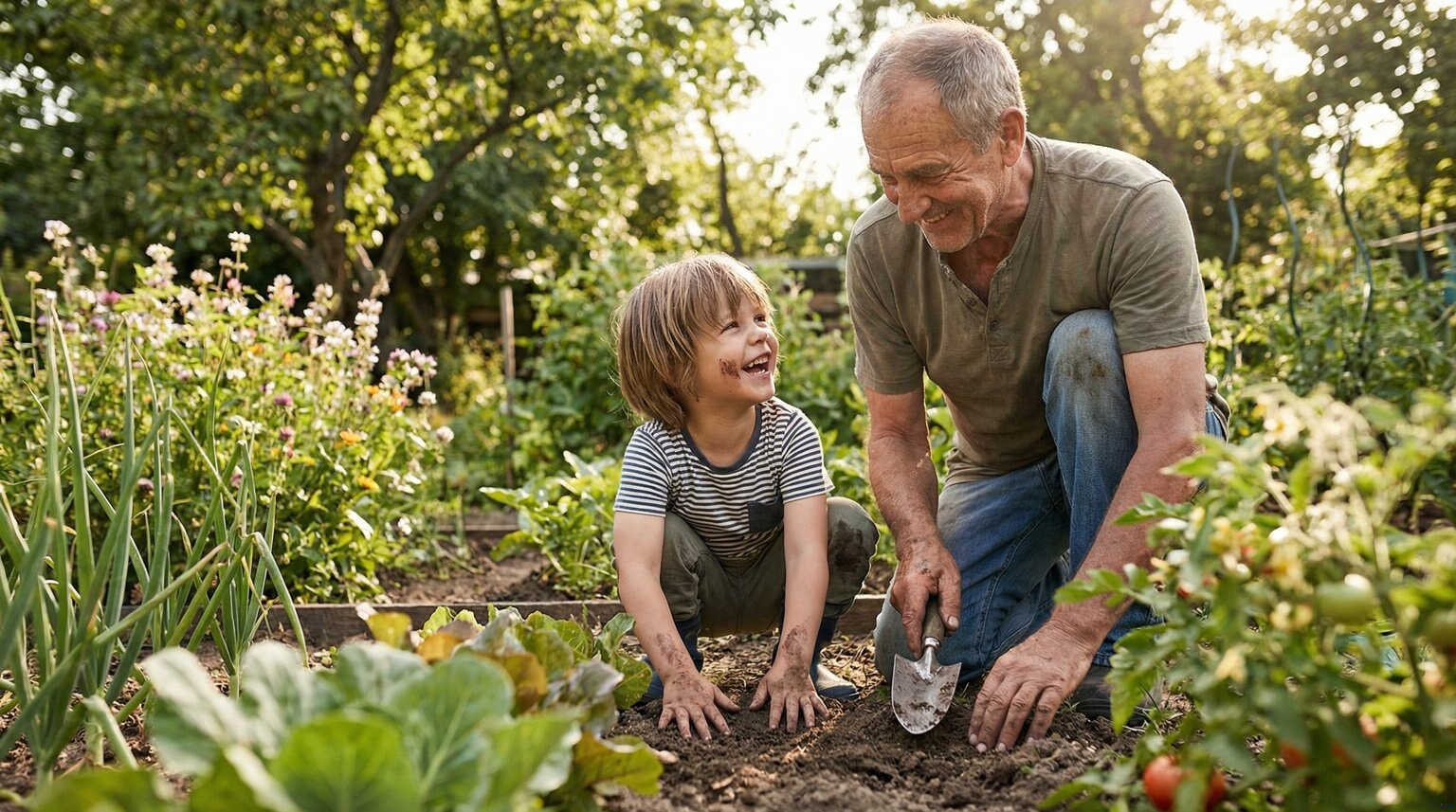 Grandfather and young grandchild gardening together with dirt on their hands in sunny backyard