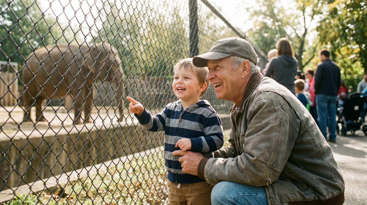 Joyful grandfather and young grandchild at zoo looking at animals together through fence