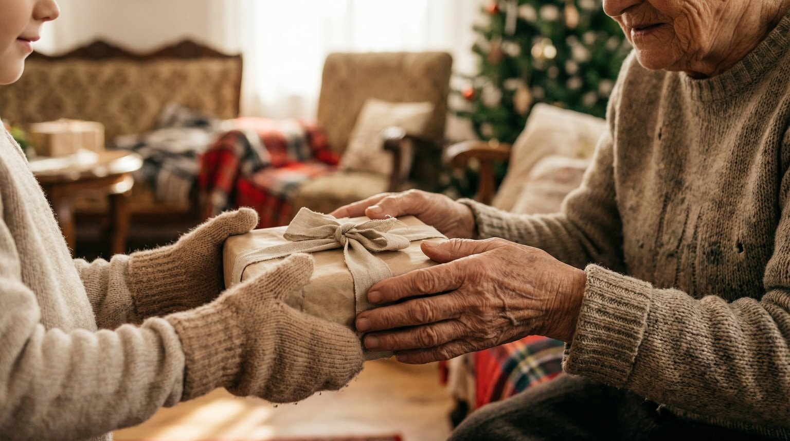 Close-up of child's hands holding wrapped gift with grandmother's hands gently touching