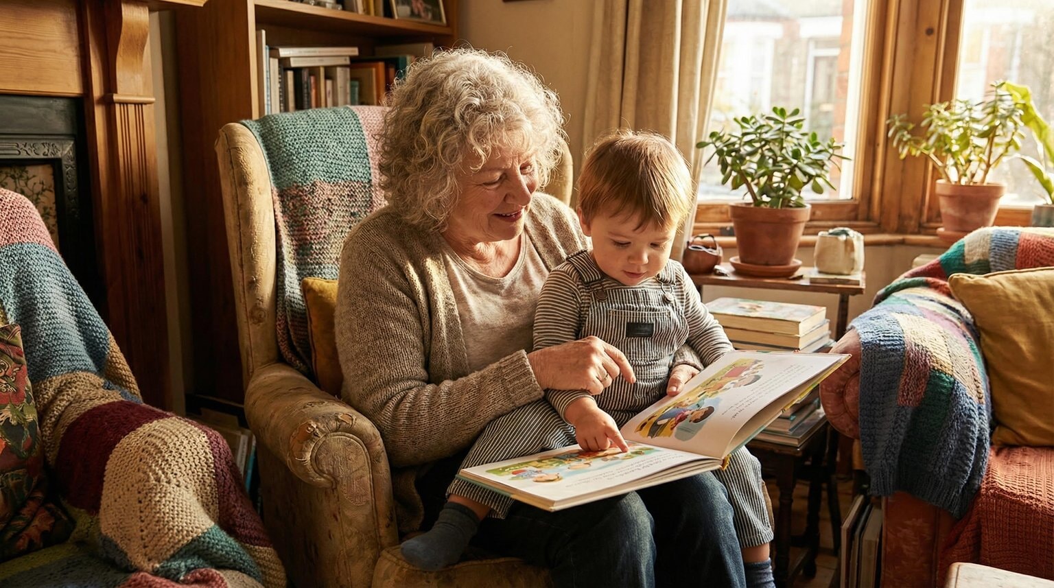 Proud grandmother sitting in armchair with grandchild on lap looking at book together with content expression