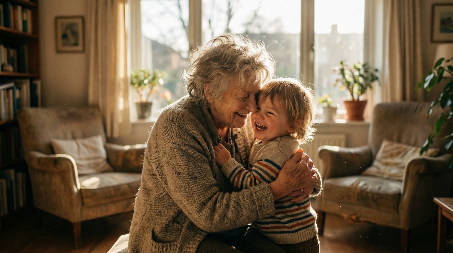 Elderly grandmother warmly hugging young grandchild in sunlit living room with joyful expressions