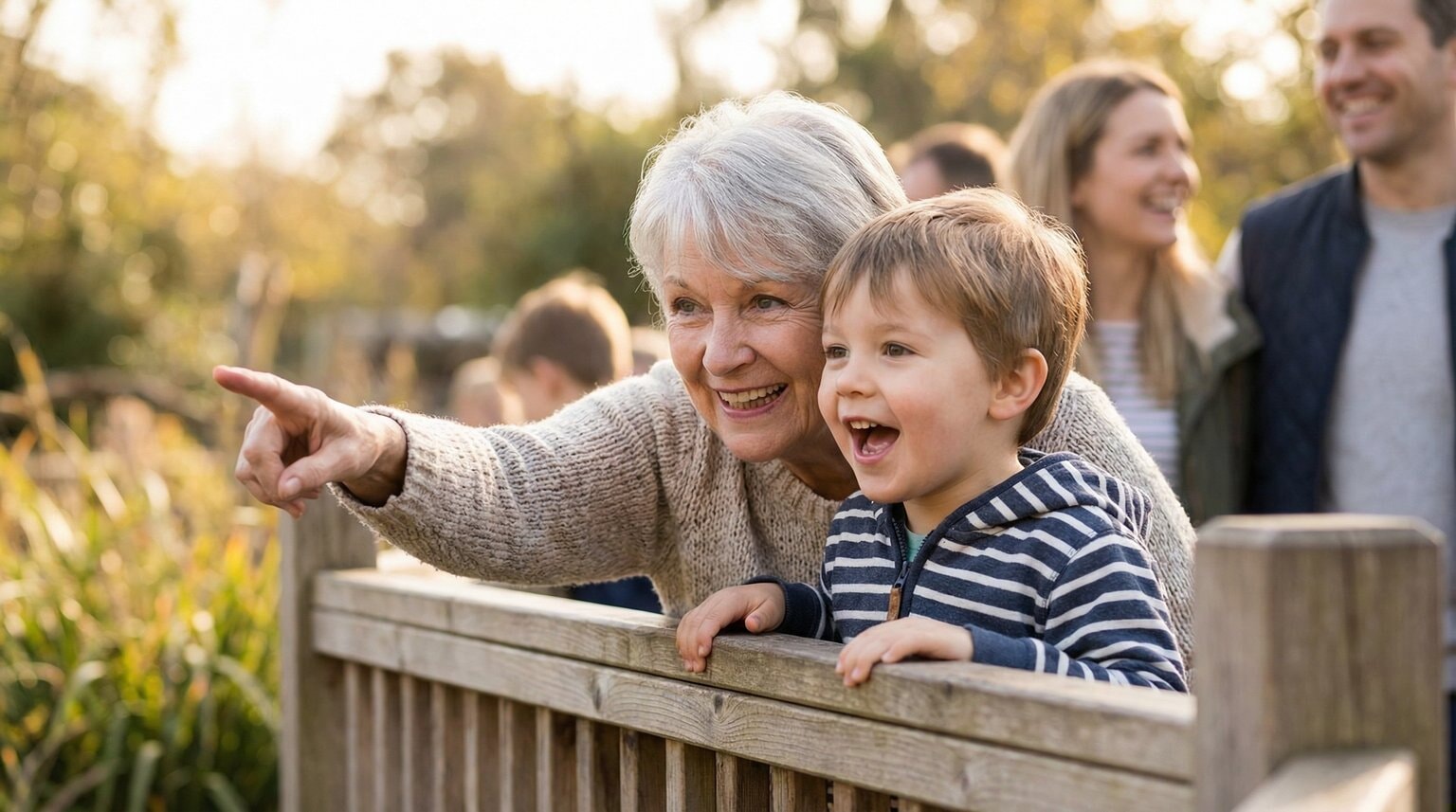 Grandmother and young grandchild at zoo looking with wonder and excitement at animals together