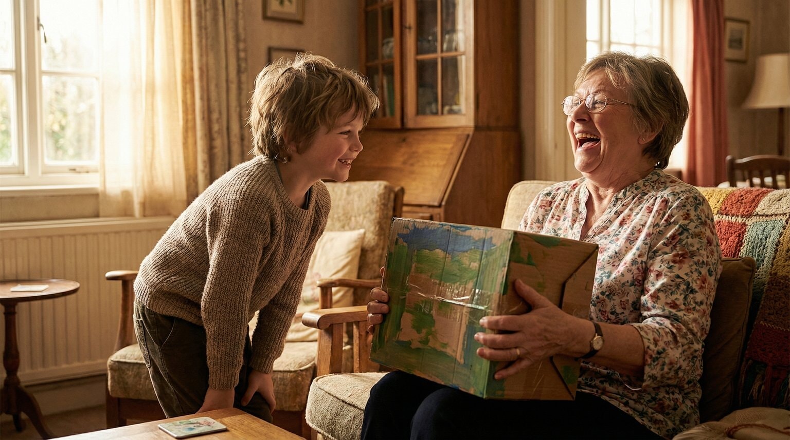 Young child watching grandmother's delighted reaction while opening handmade gift