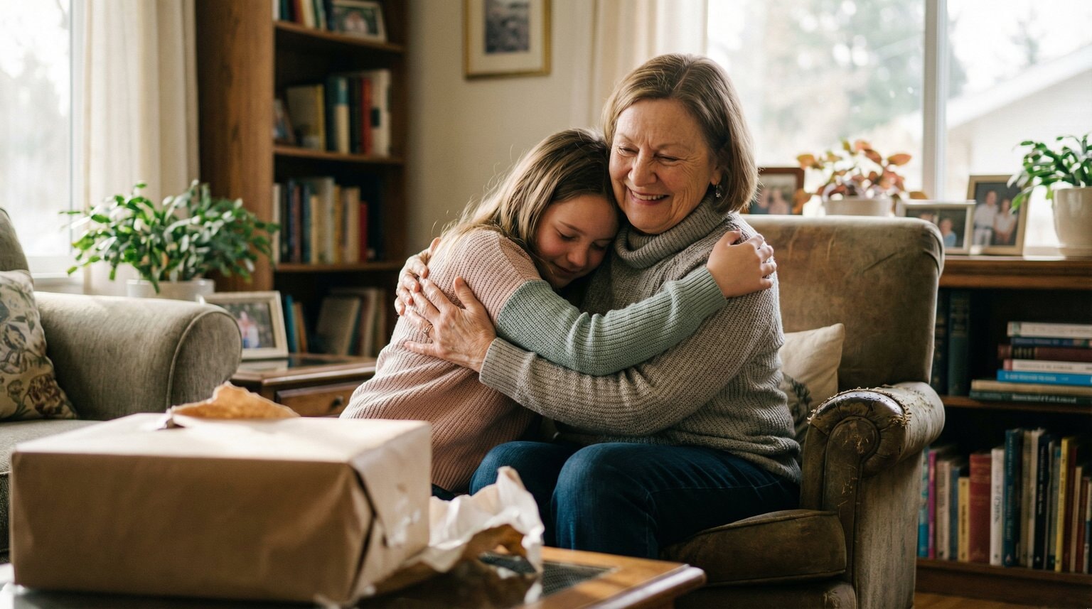 Eleven-year-old giving grandmother genuine warm hug after opening gift
