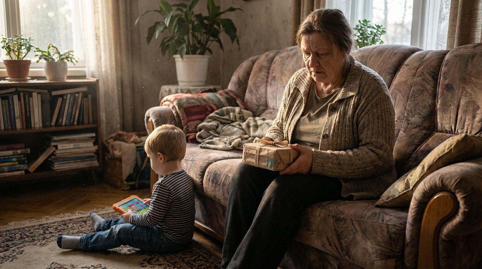 Grandmother looking slightly hurt on couch while young grandchild looks away disinterestedly from wrapped gift